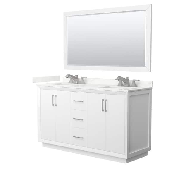 Wyndham Collection Strada 60 in. W x 22 in. D x 35 in. H Double Bath Vanity in White with Giotto Quartz Top and 58 in. Mirror
