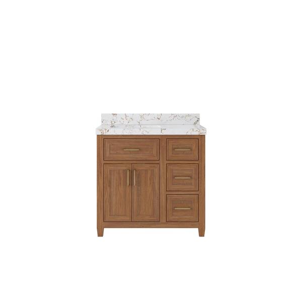 Willow Collections Santa Monica 36 in. W x 22 in. D x 36 in. H Single Left Offset Sink Bath Vanity in Dark Natural 2 in. Viola Gold Qt Top