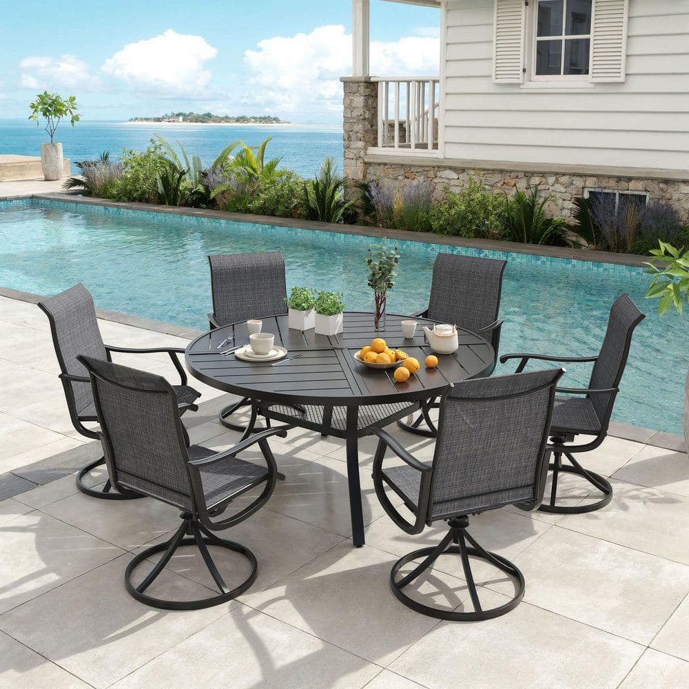 7-Piece All-Weather Metal Outdoor Patio Dining Set with 47.2 in. Black Round Table and 6 Dark Gray Swivel Chairs price history on PriceWatchPro