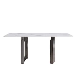 70.87 in. Rectangle White Sintered Stone Top Double Pedestal 2-Grey Titanium Metal Base Dining Table (Seats-6)