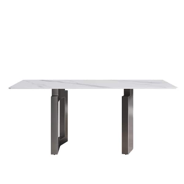 Magic Home 70.87 in. Rectangle White Sintered Stone Top Double Pedestal 2-Grey Titanium Metal Base Dining Table (Seats-6)