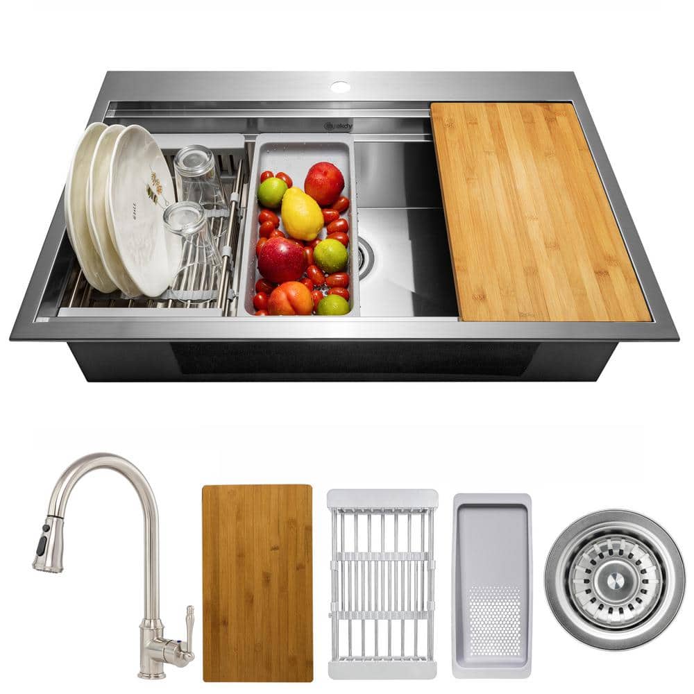 AKDY Handmade All-in-One Drop-in Stainless Steel 33 in. x 22 in. Single  Bowl Workstation Kitchen Sink with Pull-down Faucet KS0338 - The Home Depot