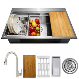 Handmade All-in-One Topmount Stainless Steel 33 in. x 22 in. Single Bowl Kitchen Sink w/ Pull-down Faucet, Accessory