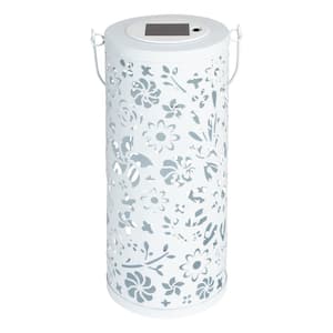 Bloom 12 in. White Integrated LED Outdoor Bulkhead Solar Punched Metal Lantern