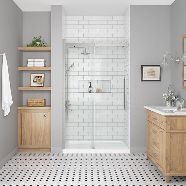 Bel Soft Close 46 3/16 in. - 48 in. W x 78 3/4 in. H Alcove Sliding Frameless Shower Door in Satin Nickel