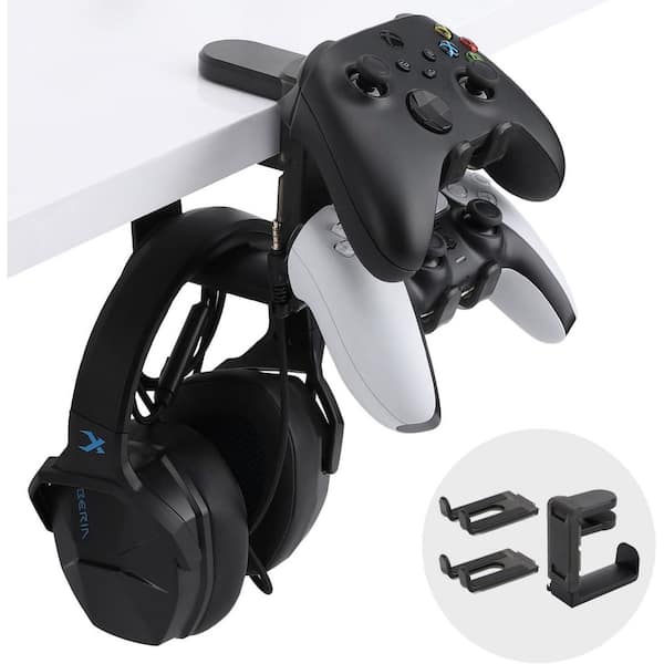 OBJLGEV 3 in 1 Under Desk Clamp PC Gaming Headphone Stand and Controller Holder with Adjustable Swivelling Arm Black