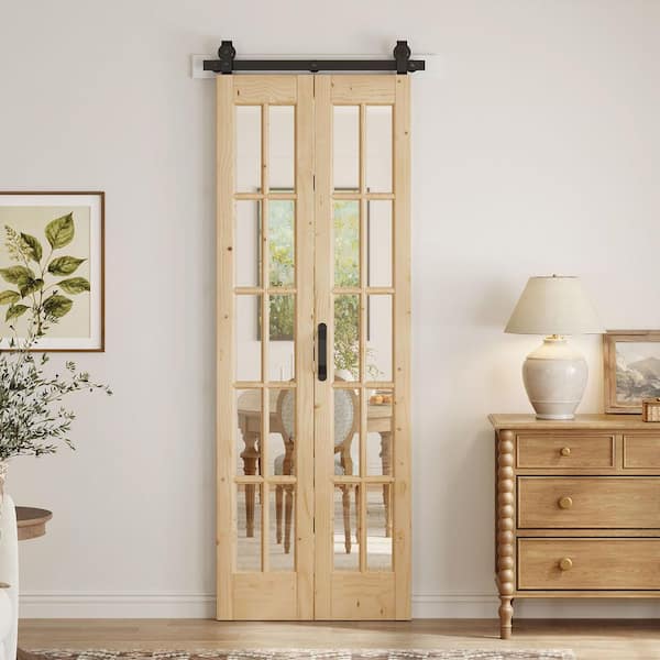 30 in. x 84 in. Full Lite Pre Assembled Clear Glass Brown Solid Core Wood Bi-fold Door with Hardware