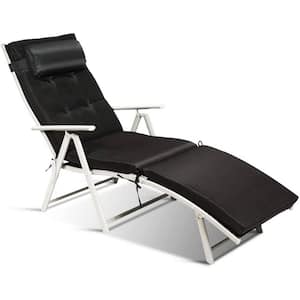 White Metal Folding Outdoor Chaise Lounge with Black Cushions