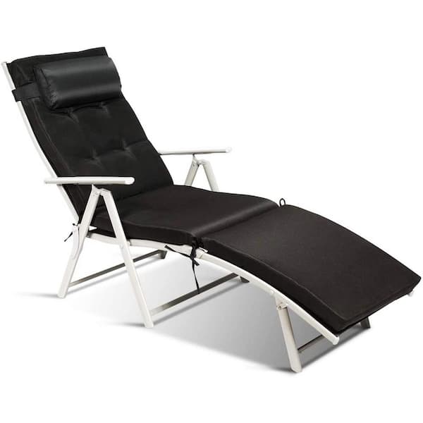 SUGIFT White Metal Folding Outdoor Chaise Lounge with Black Cushions
