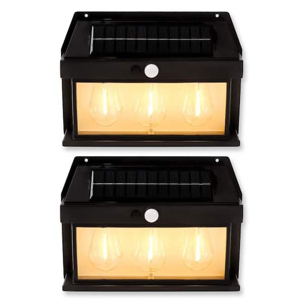 TECHKO 280 Lumen Motion Sensing LED Outdoor Solar Triple Edison Bulb Wall or Fence Light in Matte Black (2-Pack)
