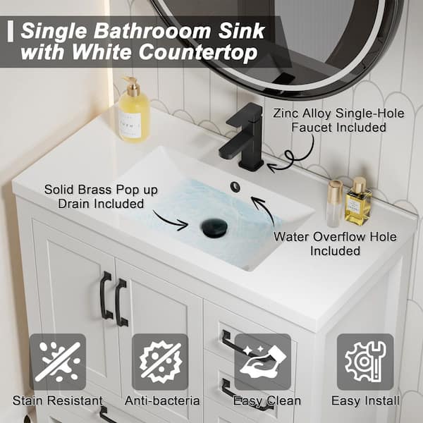 36 in. W x 18.3 in. D Single Sink Freestanding White Bath Vanity with White Integrated Composite Resin Top