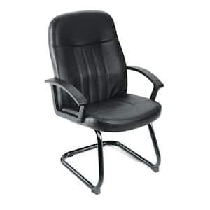 Office Guest Chair Black Leather Black Steel Frame Durable Nylon Arms