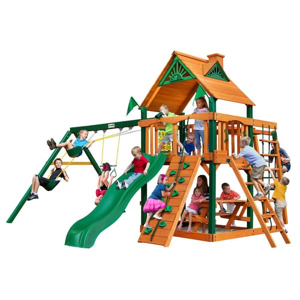 Gorilla Playsets Navigator Wooden Swing Set with Timber Shield Posts, Monkey Bars and Alpine Slide