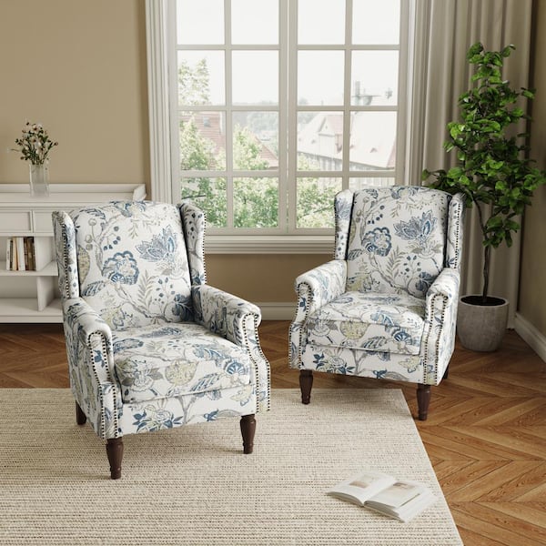 Uixe Plants Blue Linen Upholstered High Back Accent Arm Chair with Nailhead Trim(Set of 2)