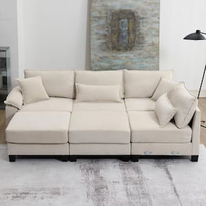 133 in. W Corduroy Fabric Modular Sectional Sofa in. Beige with Armrest Bags, 6-Seat Freely Combinable Sofa Bed