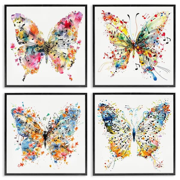 Stupell Industries Butterflies with Music Notes by LSR Design Studio 4 Pieces Black Framed Animal Giclee Art Print 12 in. x 12 in.