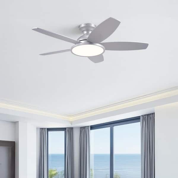 42 in. Integrated LED Nickel Silver Low Profile Flush Mount Modern Standard Ceiling Fan with 3CCT Light and Remote