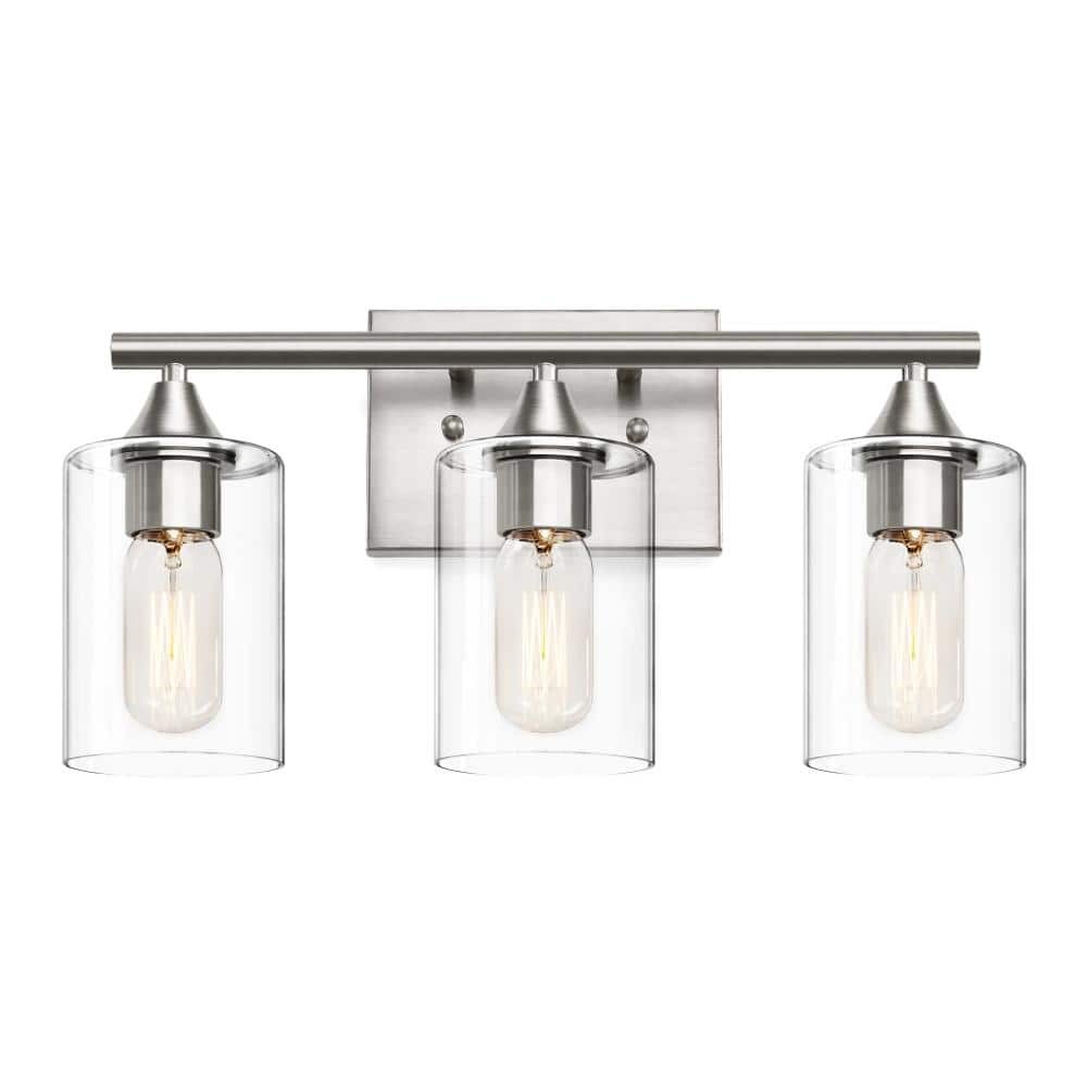 3-Light Brushed Nickel Silver Bathroom Vanity Light with Clear Cylinder Glass Shade, E26, No Bulbs Included price history on PriceWatchPro