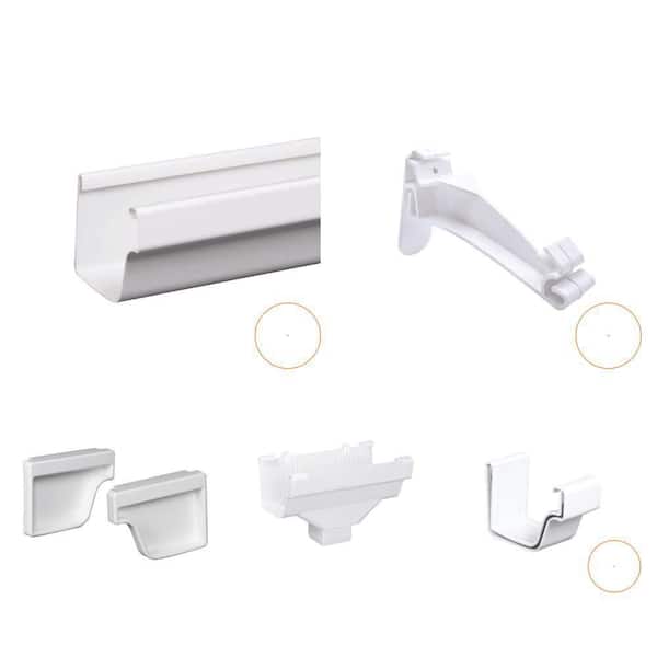 5 in. White Vinyl K-Style Gutter, Hanger, Connector, End Cap Set, and Drop Outlet Installation Kit (14-Piece)