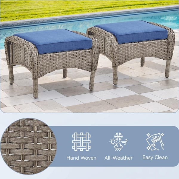Flat Armrest Series Gray Wicker Outdoor Patio Ottoman with CushionGuard Blue Cushions (2-Pack)