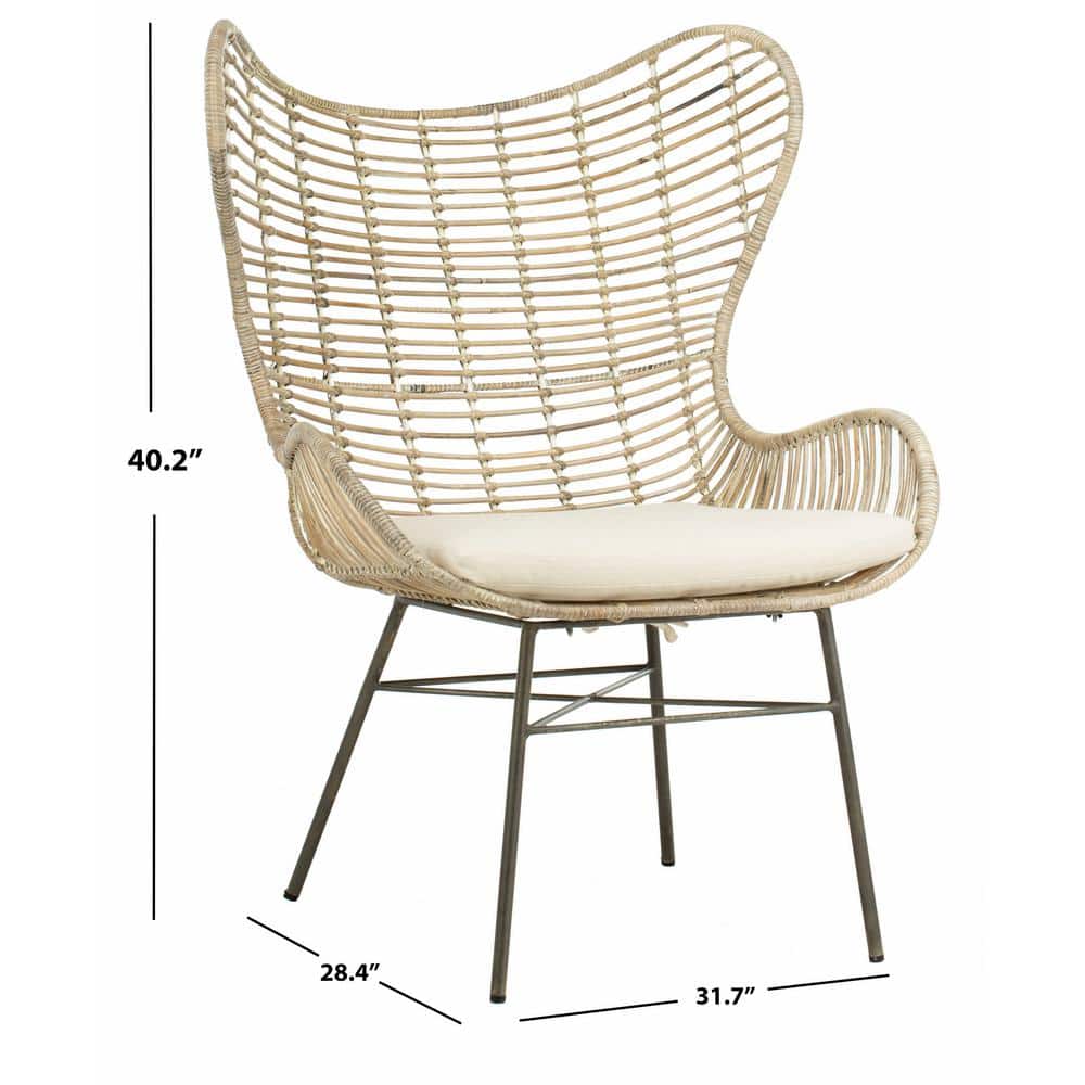 Transitional Beige Rattan Wingback Armchair with White Wash Finish
