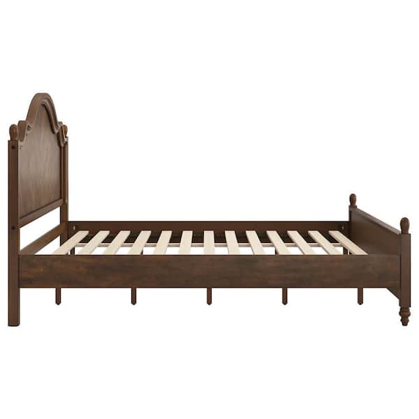 Aubel Dark Walnut Brown Mid-Century Solid Wood Frame King Size Platform Bed with Herringbone-Inspired Pattern Headboard