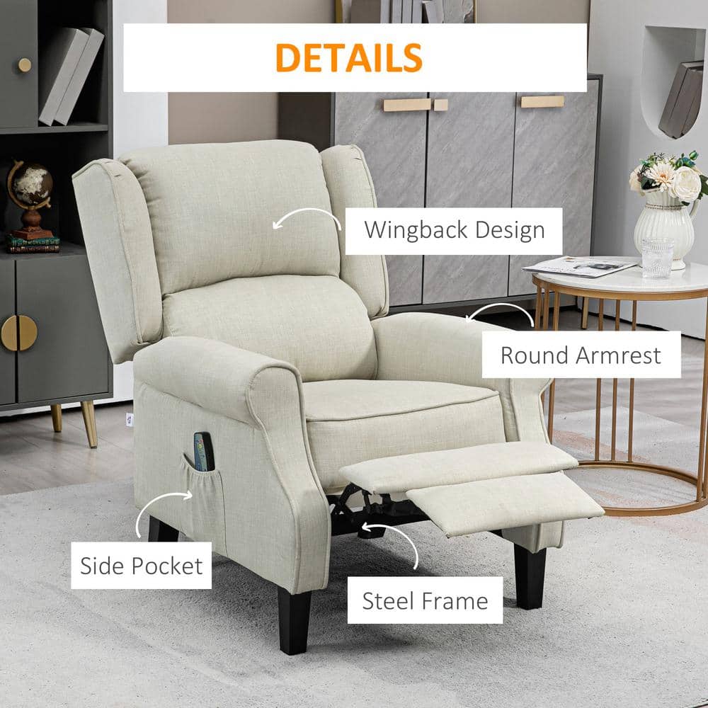 White Upholstered Wingback Heated Massage Recliner Chair