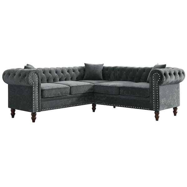Wateday 80 in. W Rolled Arm 1-Piece L-Shaped Velvet Sectional Sofa in Gray with 3-Pillows