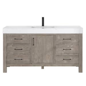 León 60 in. W x 22 in. D x 34 in. H Single Sink Bath Vanity in Fir Wood Grey with White Composite Stone Top