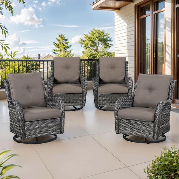 4-Piece Set Outdoor Swivel Gray Wicker Outdoor Rocking Chair with CushionGuard Gray Cushions