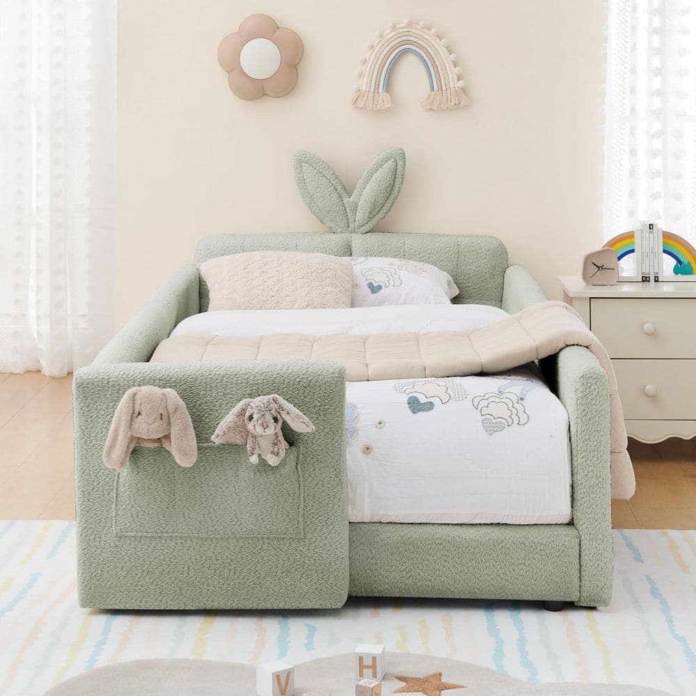 Cyan Twin Size Luxury Boucle Fabric Upholstered Kids Platform Bed with Charming Bunny Ear Headboard and Side Pocket