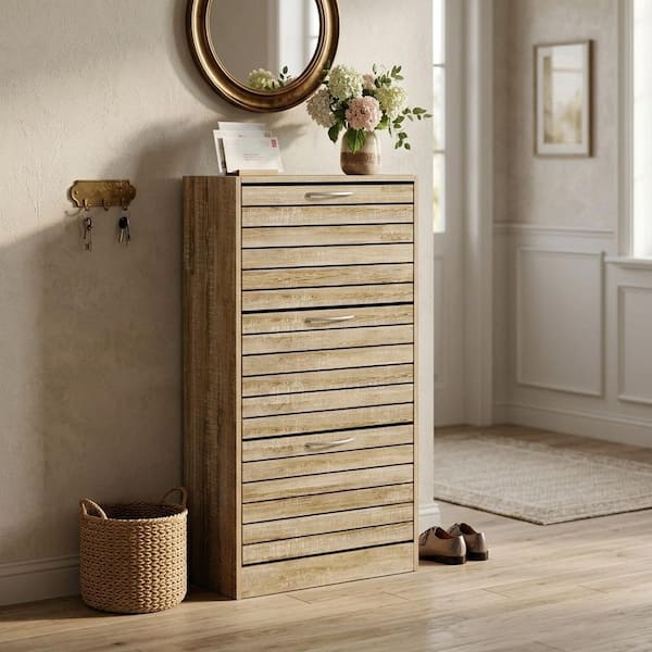 Brown Wooden Shoes Storage Cabinet, with 3 Drawers for Entryway Hallway, 42.3 in. H x 22.4 in. W