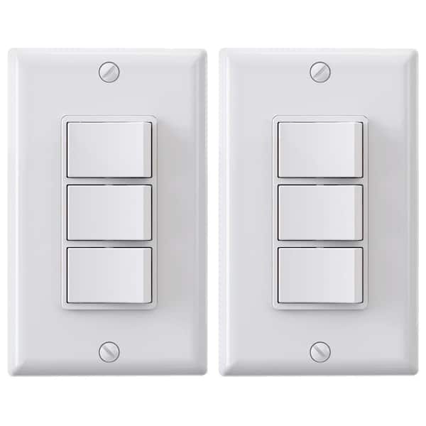 15 Amp Decorator Combination 3 Single Pole Rocker Switches, Wall Plate Included, White (2-Pack)