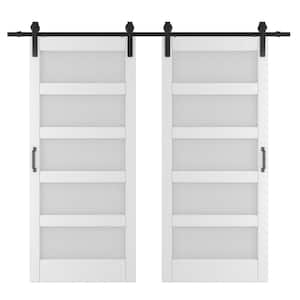 72in x 84 in. (Double 36 in. Doors) White, Finished, MDF, Frosted Glass, 5 Glass Panel Sliding Barn Door Hardware Kit