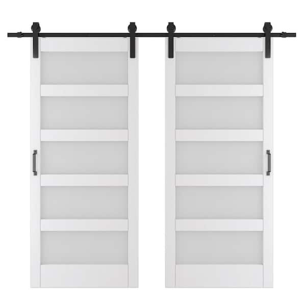 TENONER 72in x 84 in. (Double 36 in. Doors) White, Finished, MDF, Frosted Glass, 5 Glass Panel Sliding Barn Door Hardware Kit