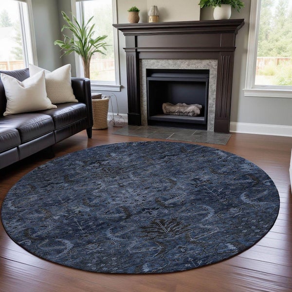 Mayfield Premium Machine Washable Abstract AMF1082 Navy 8 ft. x 8 ft. Round Rug