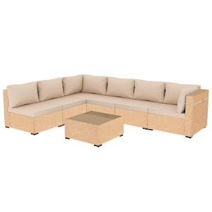 7-Piece Beige Wicker Patio Conversation Set with Beige Cushions and Coffee Table