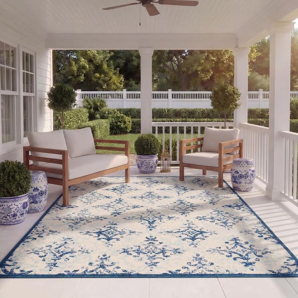 Courtyard Ivory/Navy 8 ft. x 10 ft. Border Geometric Medallion Indoor/Outdoor Patio  Area Rug