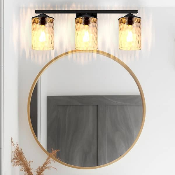 24 in. 3-Light Matte Black Modern Vanity Light with Clear Glass Shade, Dimmable Damp Rated for Bathroom or Mirror