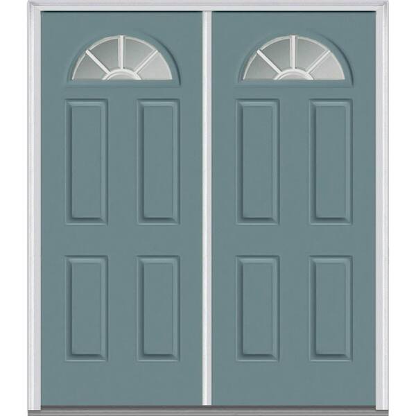 MMI Door 72 in. x 80 in. White Internal Grilles Right-Hand Inswing Fan Lite Clear 4-Panel Painted Steel Prehung Front Door