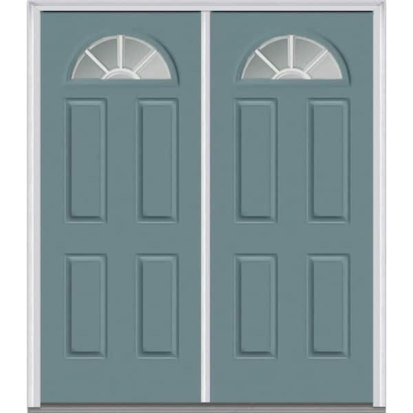 MMI Door 60 in. x 80 in. White Internal Grilles Right-Hand Inswing Fan Lite Clear 4-Panel Painted Steel Prehung Front Door