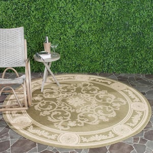 Courtyard Olive/Natural 7 ft. x 7 ft. Round Floral Indoor/Outdoor Patio  Area Rug