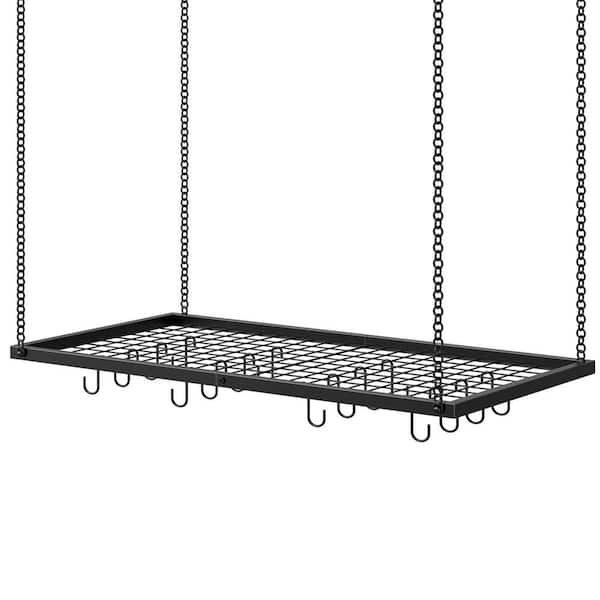 31.5 in. L x 15.7 in. W x 0.8 in. H Black Metal Hanging Pot Rack with 12 Hooks, Ceiling Mounted Pot Hanger for Kitchen