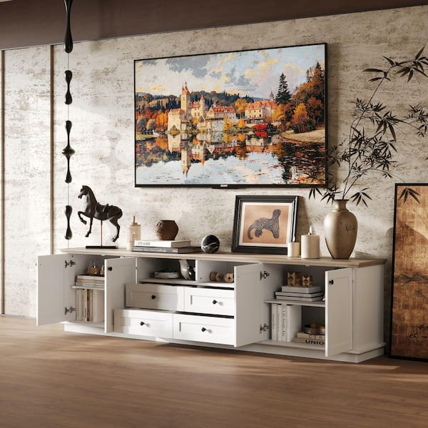 White Wood TV Stand Entertainment Center Fits TV's up to 95 in. with 4 Drawers, 6 Shelves and 2 Open Storage Cubbies