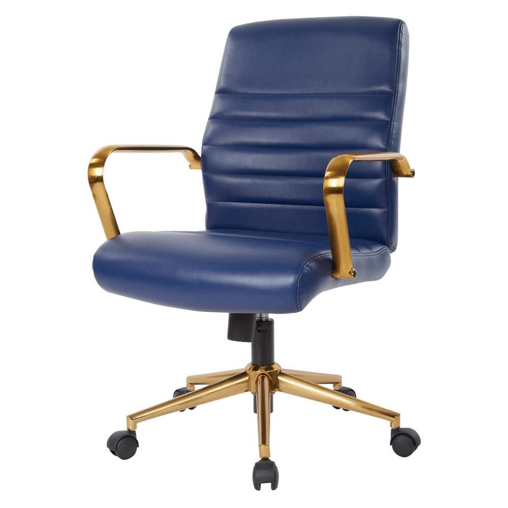 Baldwin Navy Faux Leather Mid-Back Swivel Chair with Gold Accents
