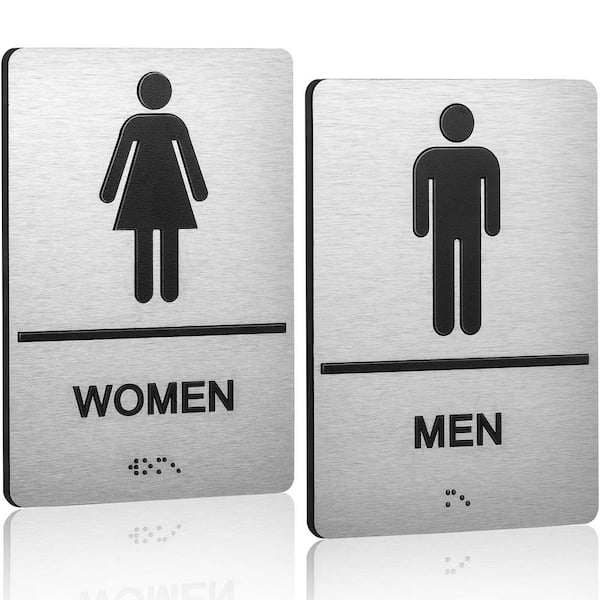 2 Piece Set Brushed Aluminum ADA Self-Adhesive Raised Braille Restroom Signs for Men and Women Bathroom Door