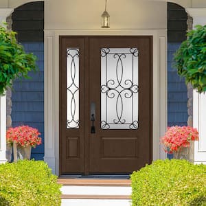 Regency 53 in. x 80 in. 3/4-Lite Georgian Decorative Glass RHIS Hickory Mahogany Fiberglass Prehung Front Door 14 in. SL