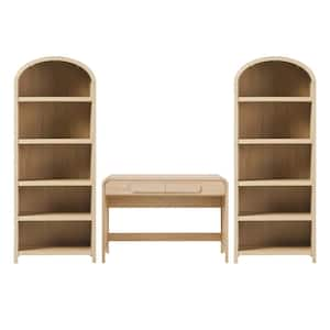 3-Piece Modern 38 in. Waterfall Coastal Oak Writing Desk with Pull Drawers and 2 76 in. Curved 5-Shelf Open Bookcases