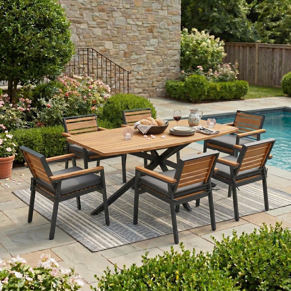 7-Piece Acacia Wood and Iron Frame Indoor/Outdoor Dining Set with 6 Comfortable Armchairs, Gray Cushions price history on PriceWatchPro
