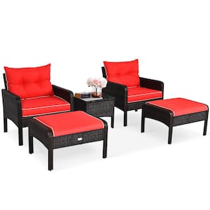 5-Piece Wicker Outdoor Patio Set Sectional Rattan Furniture Set with Red Cushion